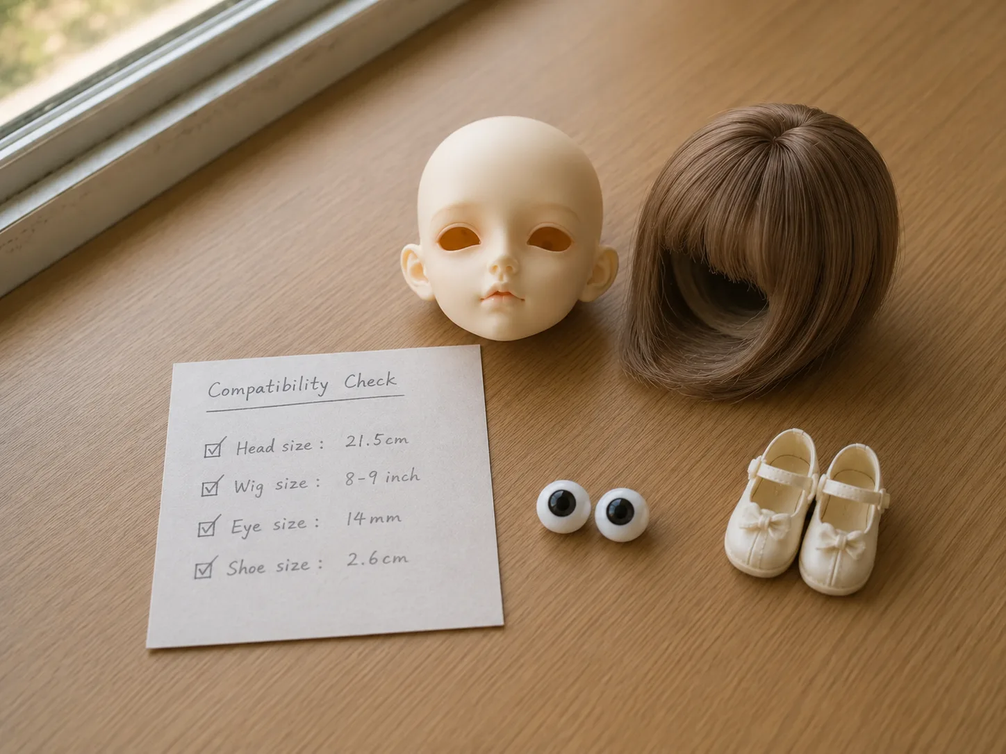 BJD compatibility card with sculpt, wig, eyes, shoes, and measurement checklist.