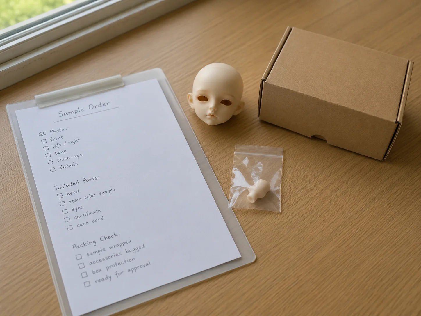 BJD sample order checklist with resin head, carton, parts bag, and approval notes.