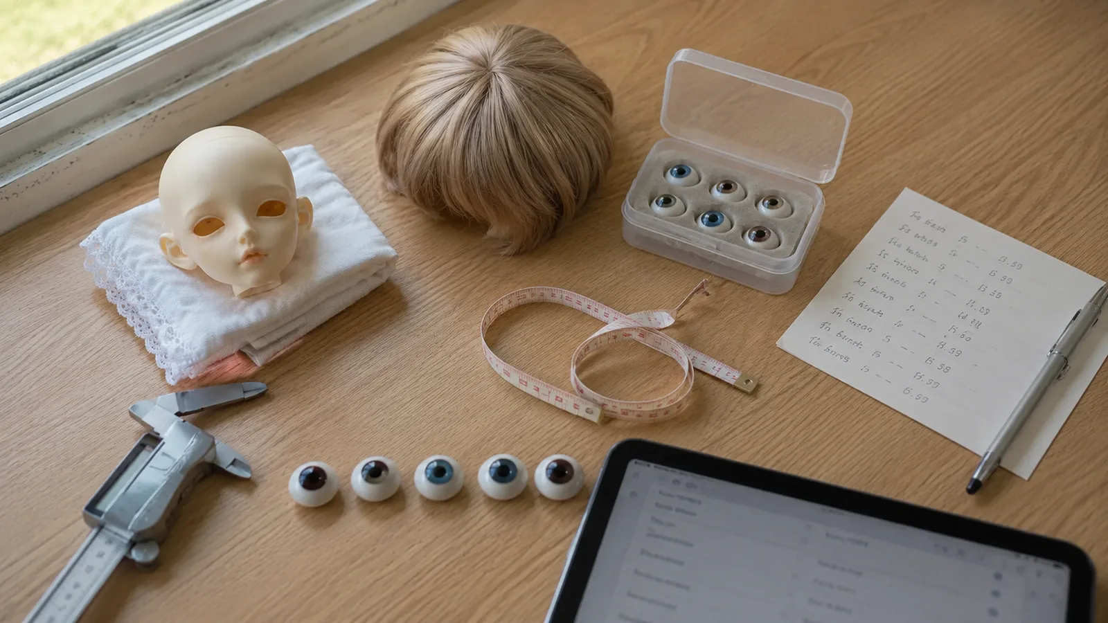 BJD wig and eye compatibility desk with head, wigs, eyes, tape, caliper, and size card.