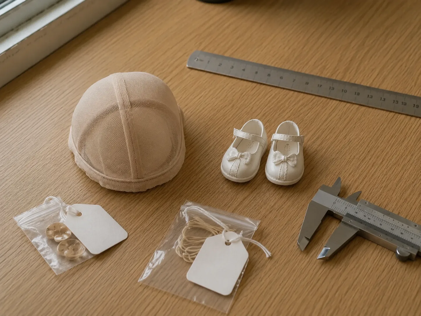 Natural light BJD wig and eye size chart desk with doll head, wigs, eyes, tape, and caliper.