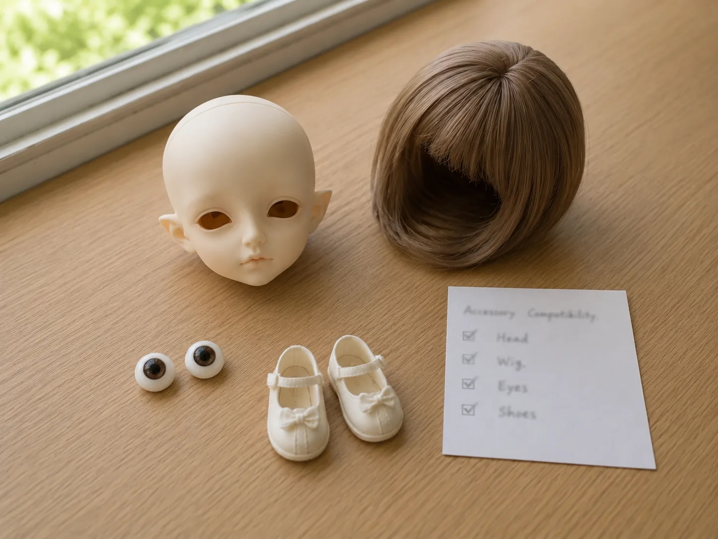 BJD accessory compatibility check with head, wig, eyes, shoes, and checklist.