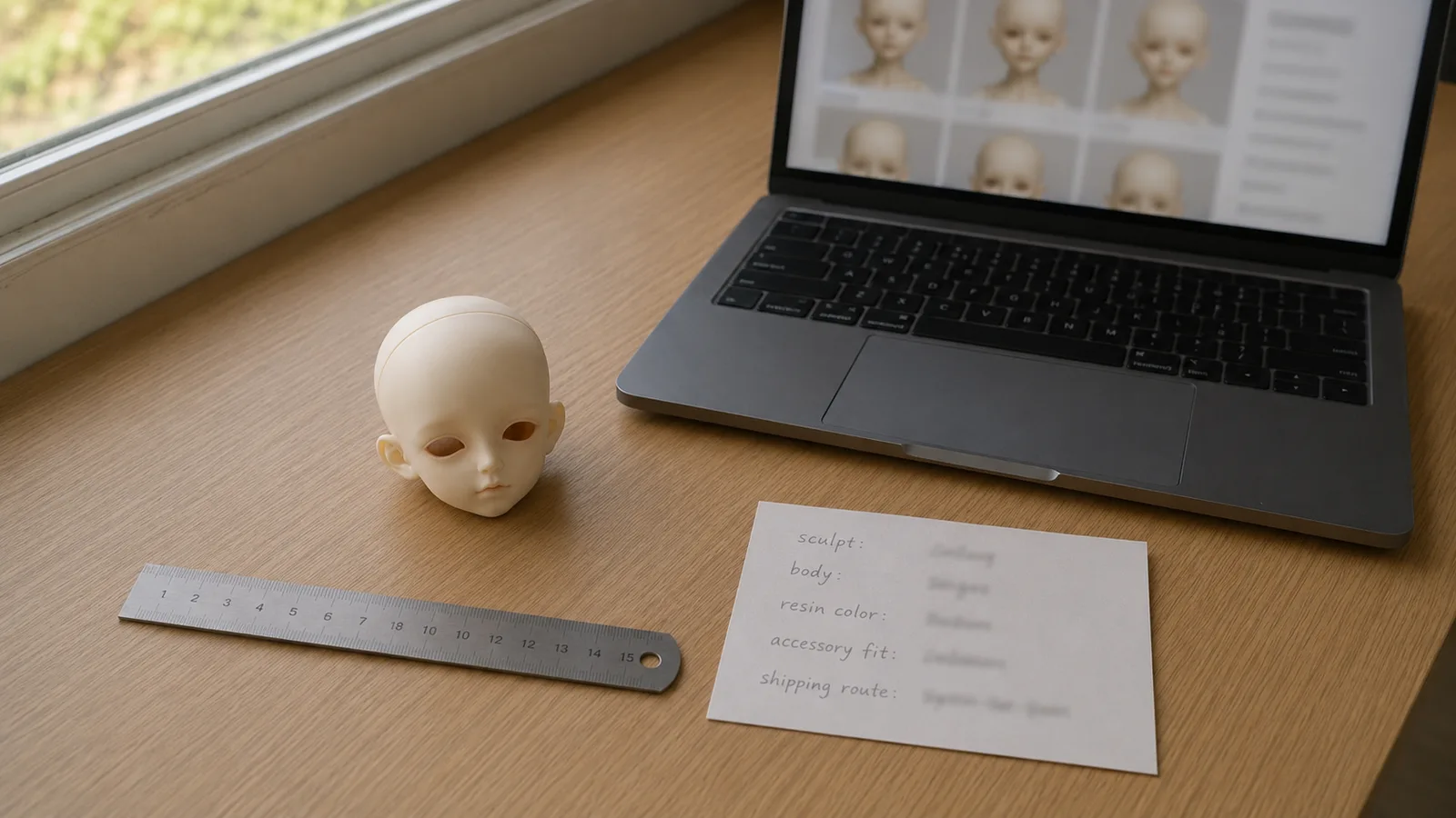 Natural light BJD brand research desk with laptop catalog, resin head, ruler, and sculpt checklist.
