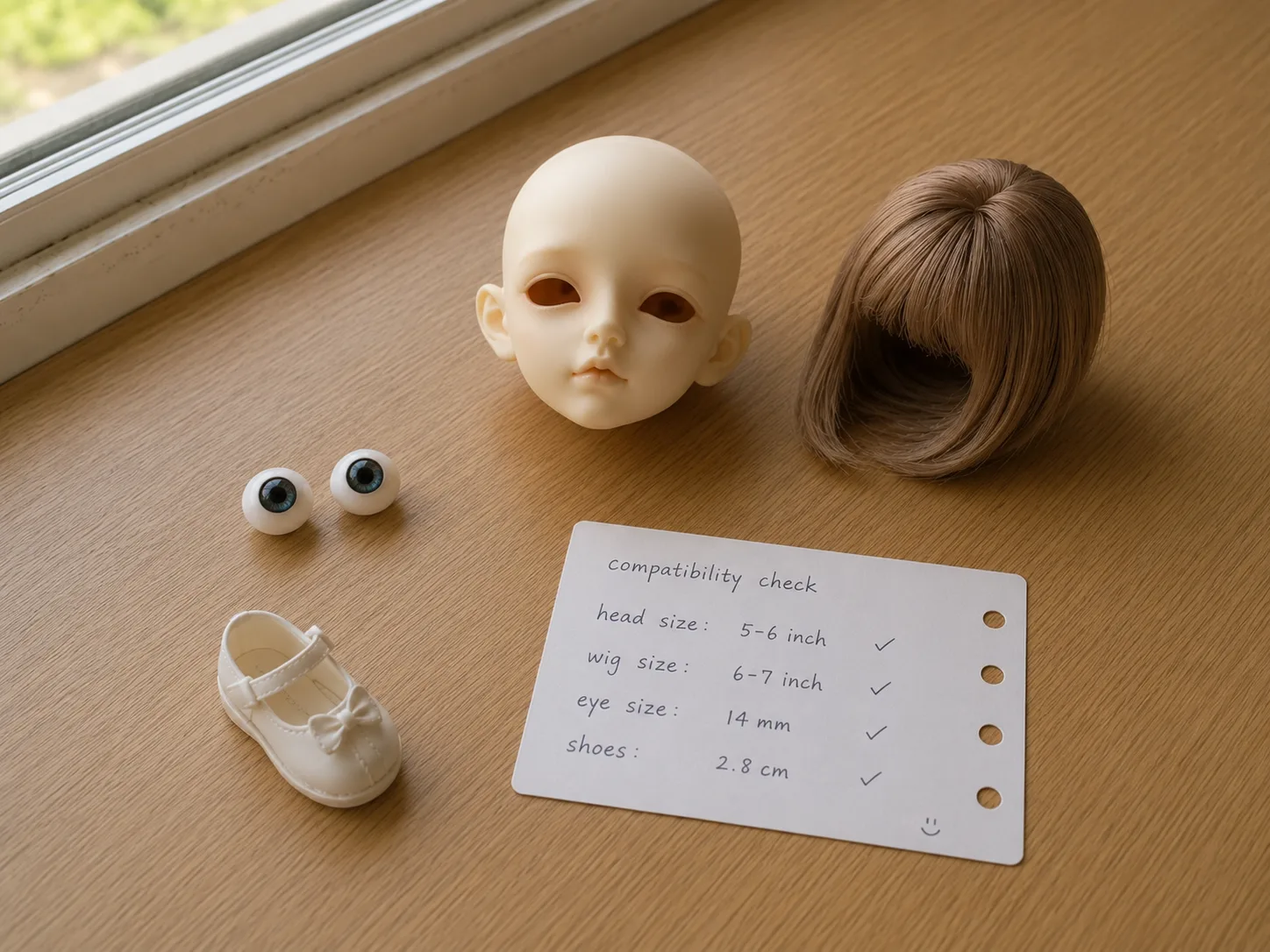 BJD styling and compatibility desk with head, wig, eyes, shoes, and fit card.