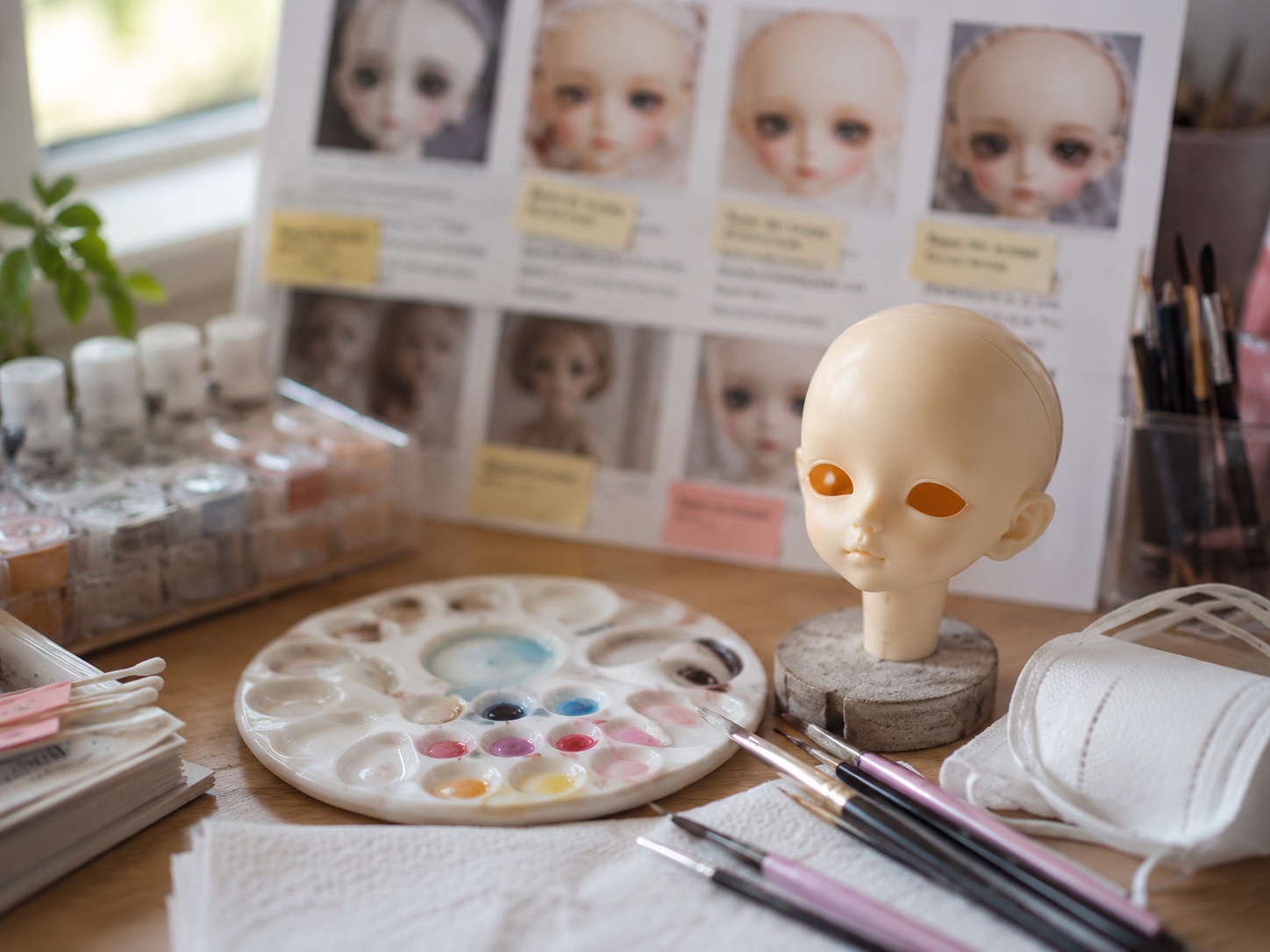BJD face-up planning desk with resin doll head, palette, brushes, and reference board.
