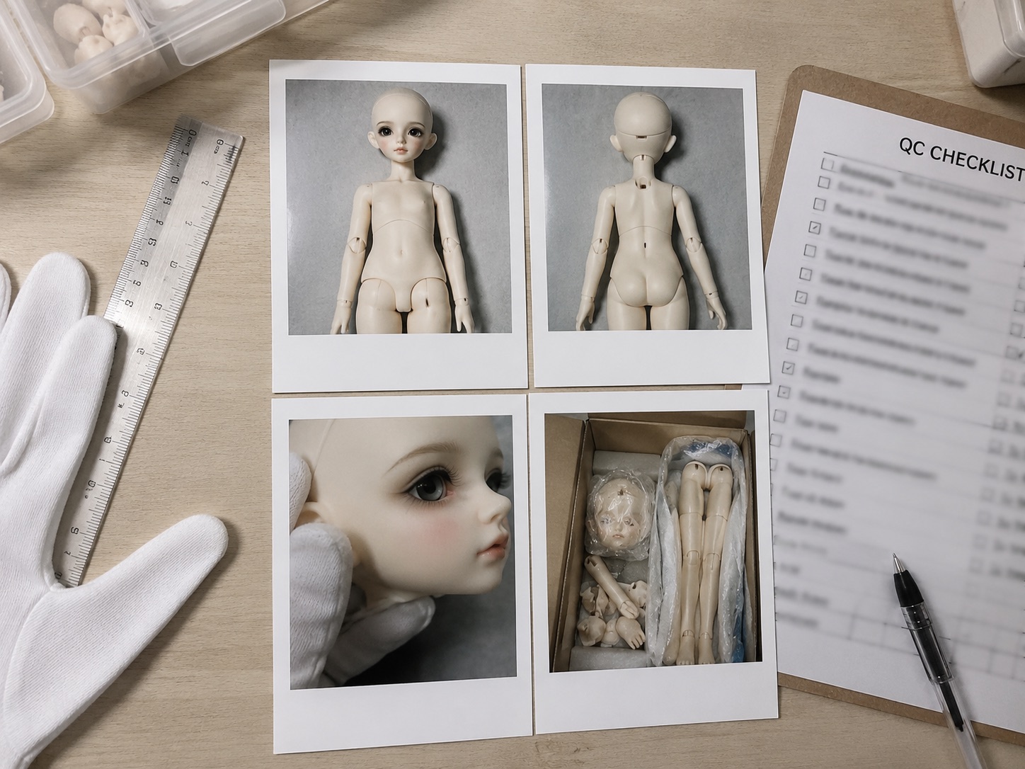 BJD QC photo checklist with front, back, close-up, and packing proof prints.