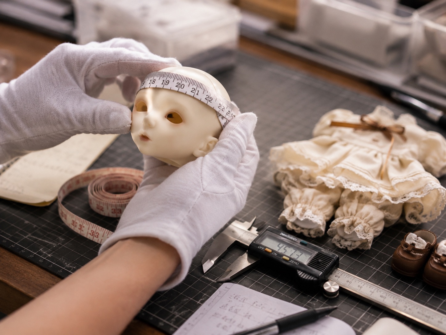 Gloved hands measuring a BJD head and sample outfit with tape and caliper.